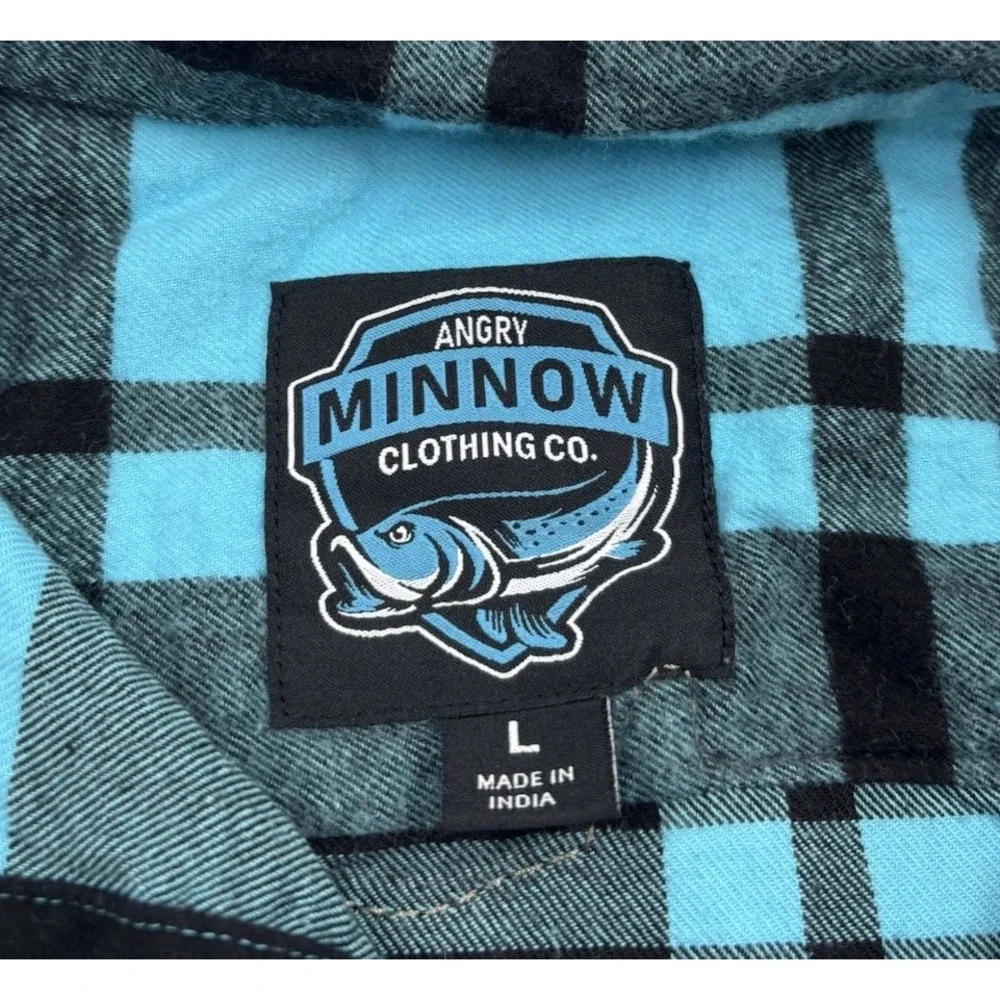 Angry Minnow Clothing Co Men's L‎ Blue Plaid Long Sleeve Button Down Flannel